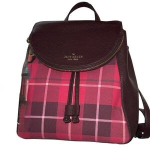 Kate ♠️ Spade Leila Red/Pink Plaid Medium Backpack w/pebbled leather - EUC